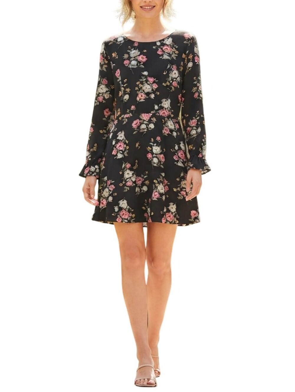 H&M Black Floral Long-Sleeve A-Line Dress Size 12